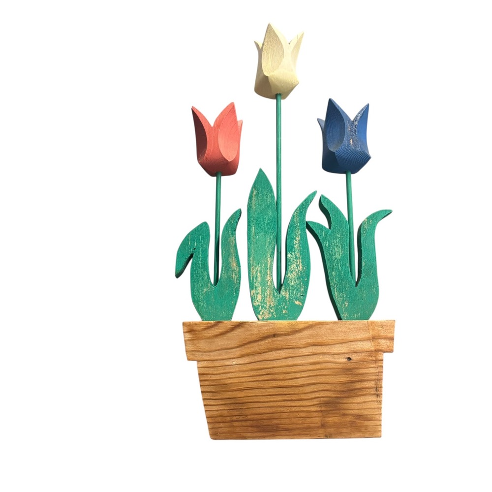 Wooden Potted Tulip Flowers Red Blue Yellow Garden Decor Tabletop Accent